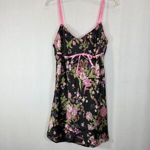 VTG Victoria's Secret Y2K Black Pink Floral Ribbon Chemise Slip Dress - Large